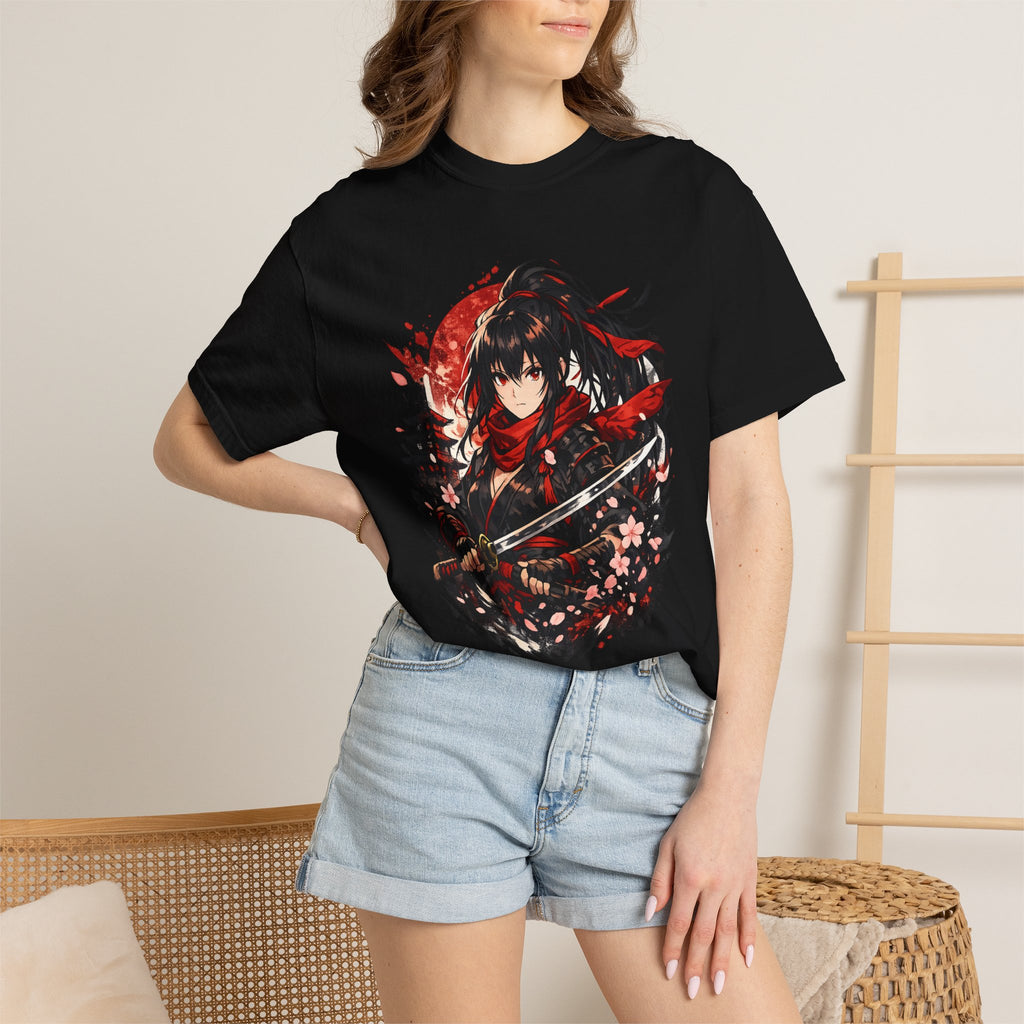 Samurai Anime Girl T-Shirt — Red Moon & Sakura Sword Art Tee
