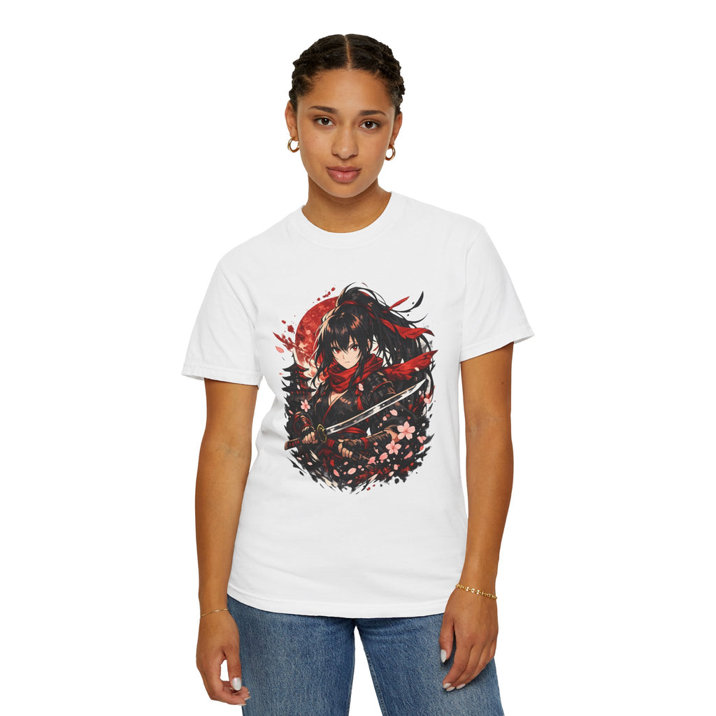 Samurai Anime Girl T-Shirt — Red Moon & Sakura Sword Art Tee
