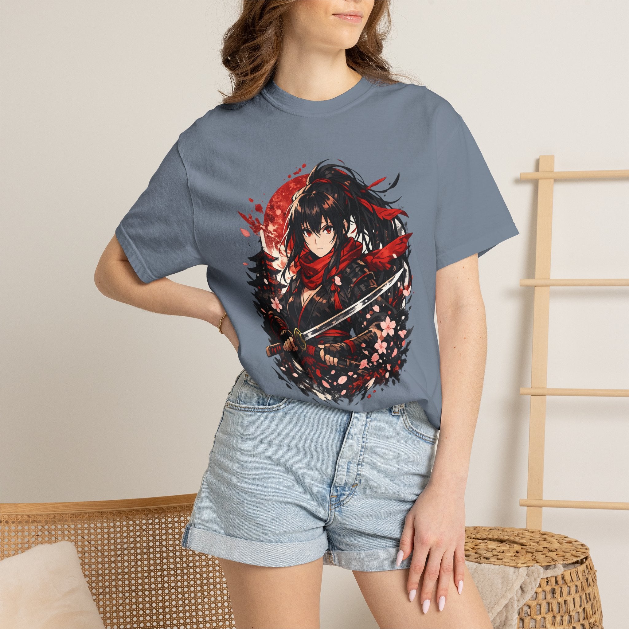 Samurai Anime Girl T-Shirt — Red Moon & Sakura Sword Art Tee
