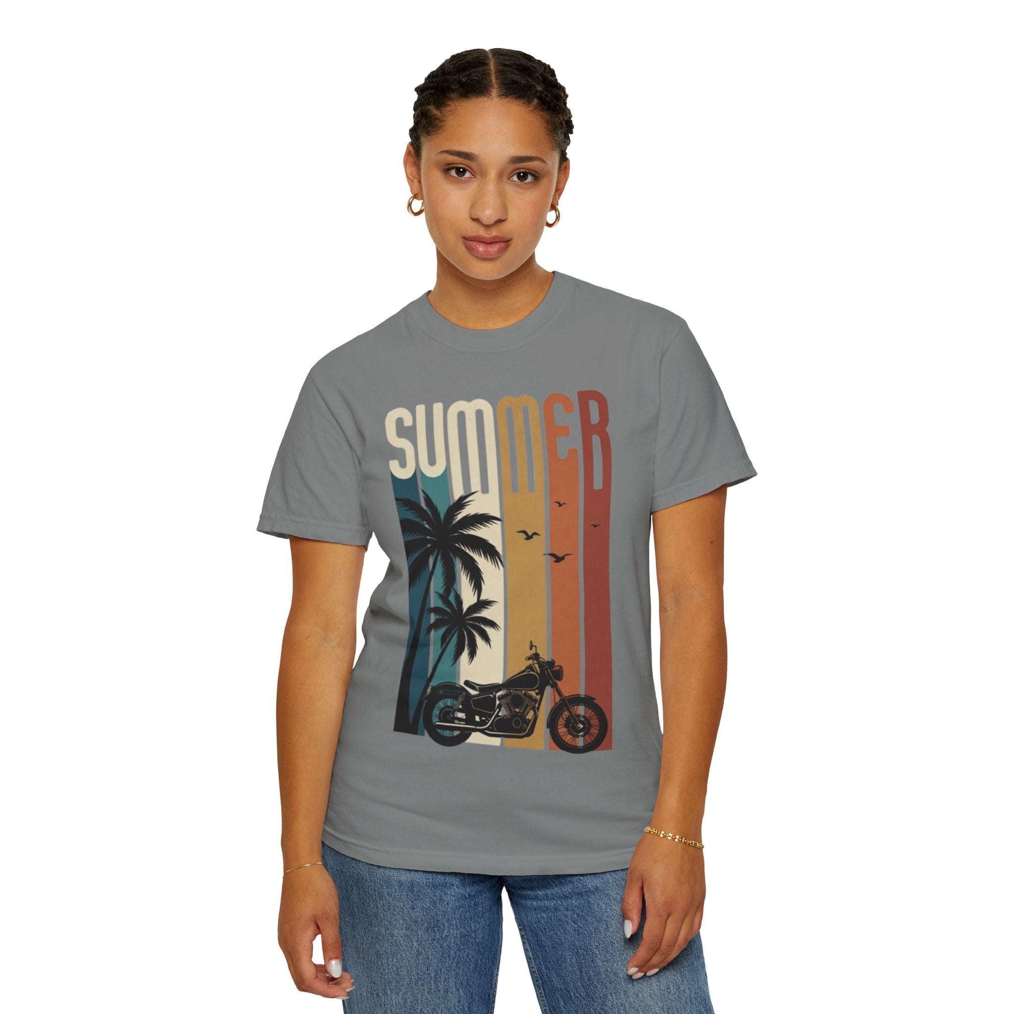 Summer Motorcycle Tee — Retro Palm Tree Beach Graphic T-Shirt