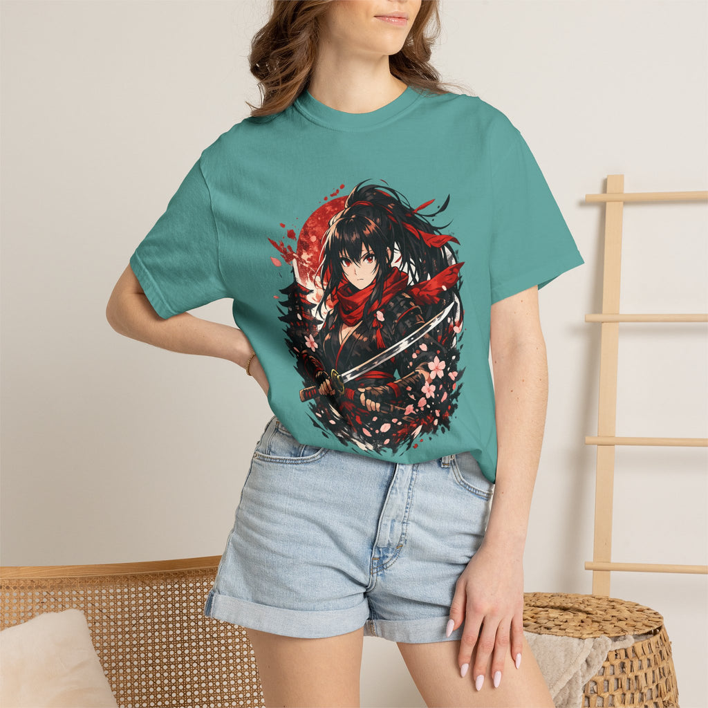 Samurai Anime Girl T-Shirt — Red Moon & Sakura Sword Art Tee