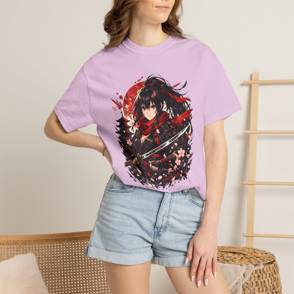 Samurai Anime Girl T-Shirt — Red Moon & Sakura Sword Art Tee