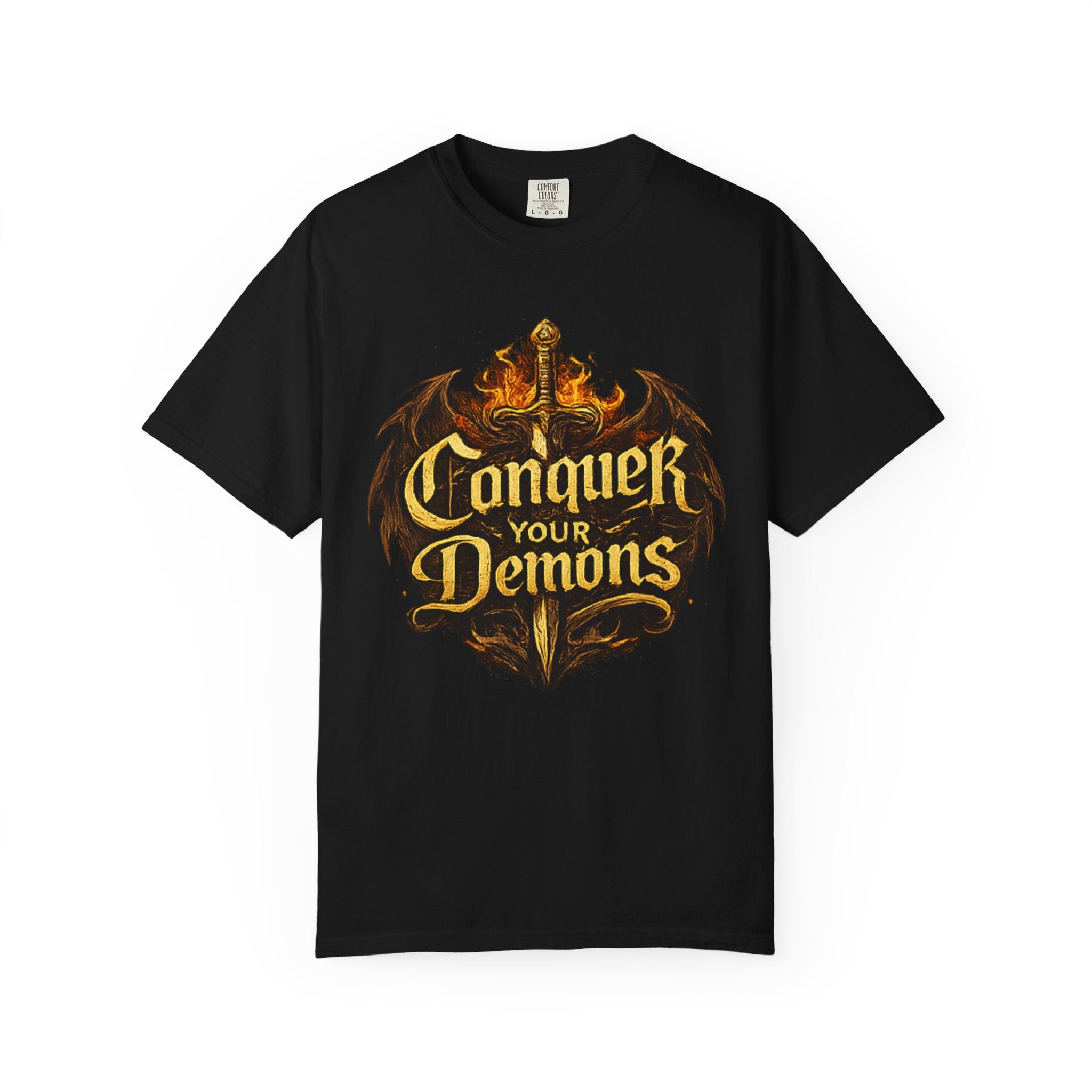 Conquer Your Demons T-Shirt — Gothic Sword & Flames Motivational Tee