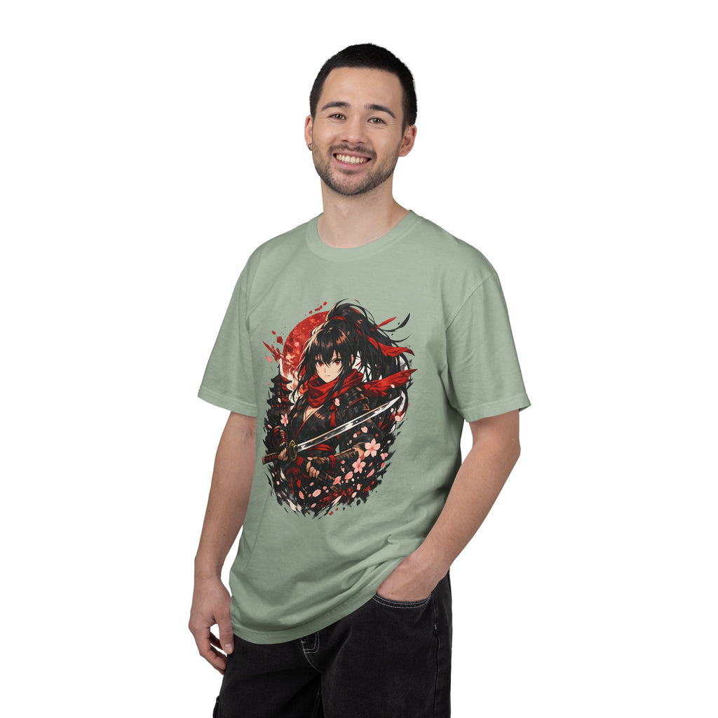 Samurai Anime Girl T-Shirt — Red Moon & Sakura Sword Art Tee