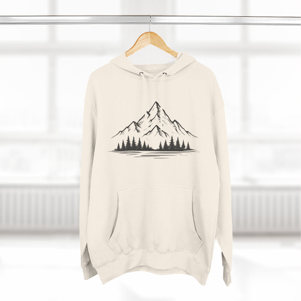 Mountain Pines Hoodie — Minimal Mountain & Forest Graphic Pullover