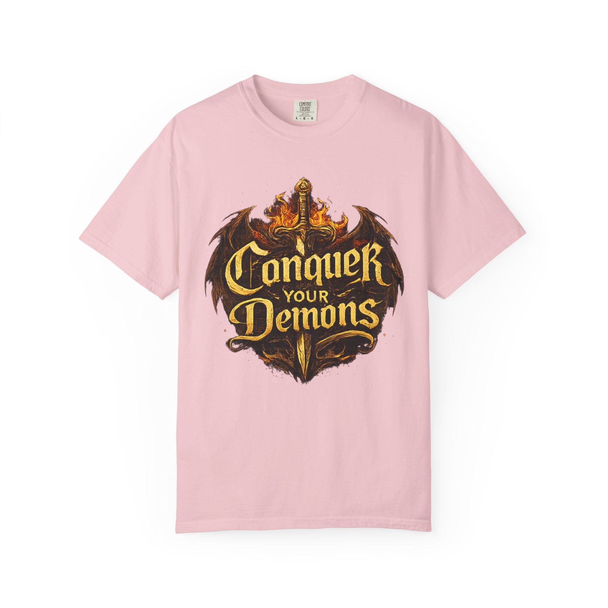 Conquer Your Demons T-Shirt — Gothic Sword & Flames Motivational Tee
