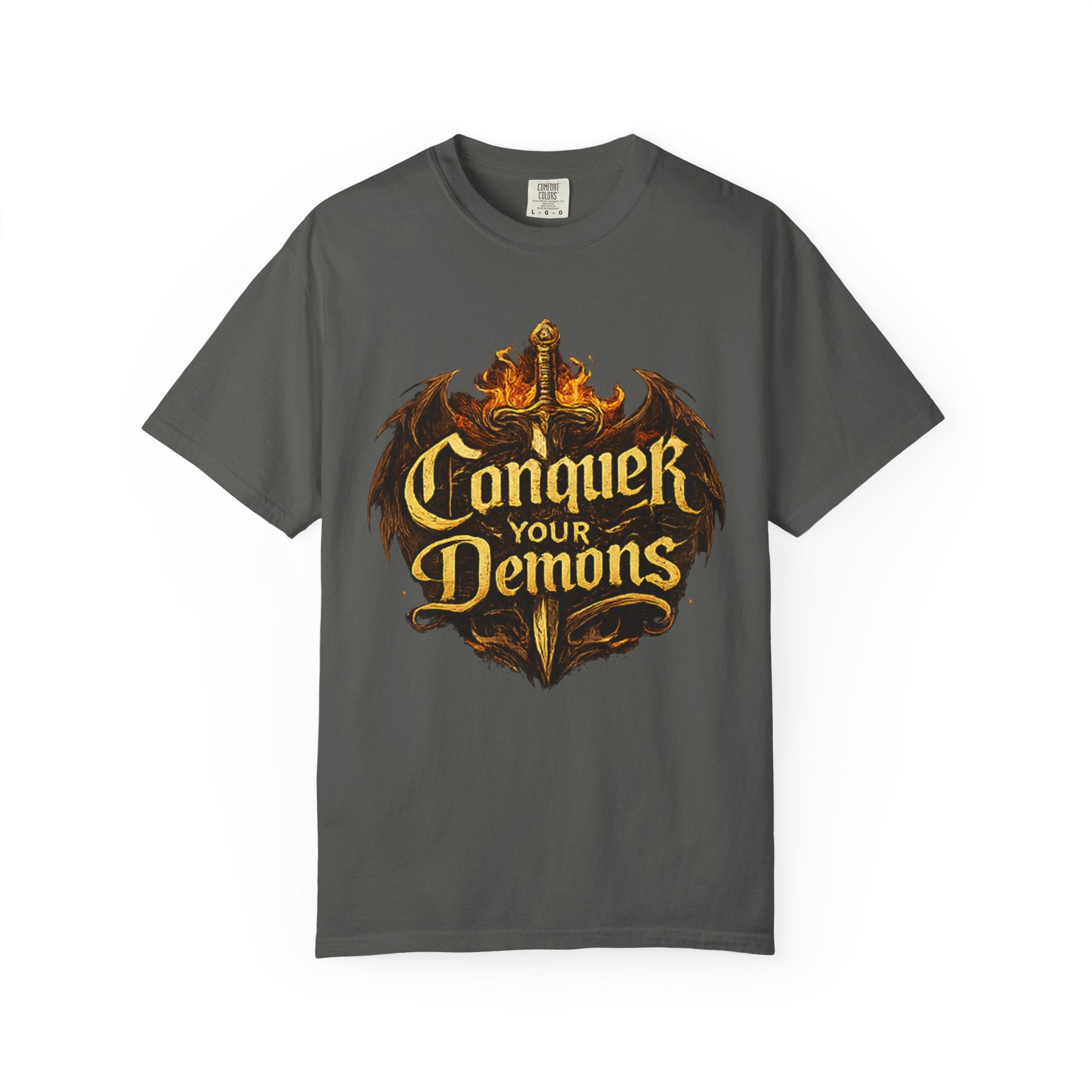 Conquer Your Demons T-Shirt — Gothic Sword & Flames Motivational Tee