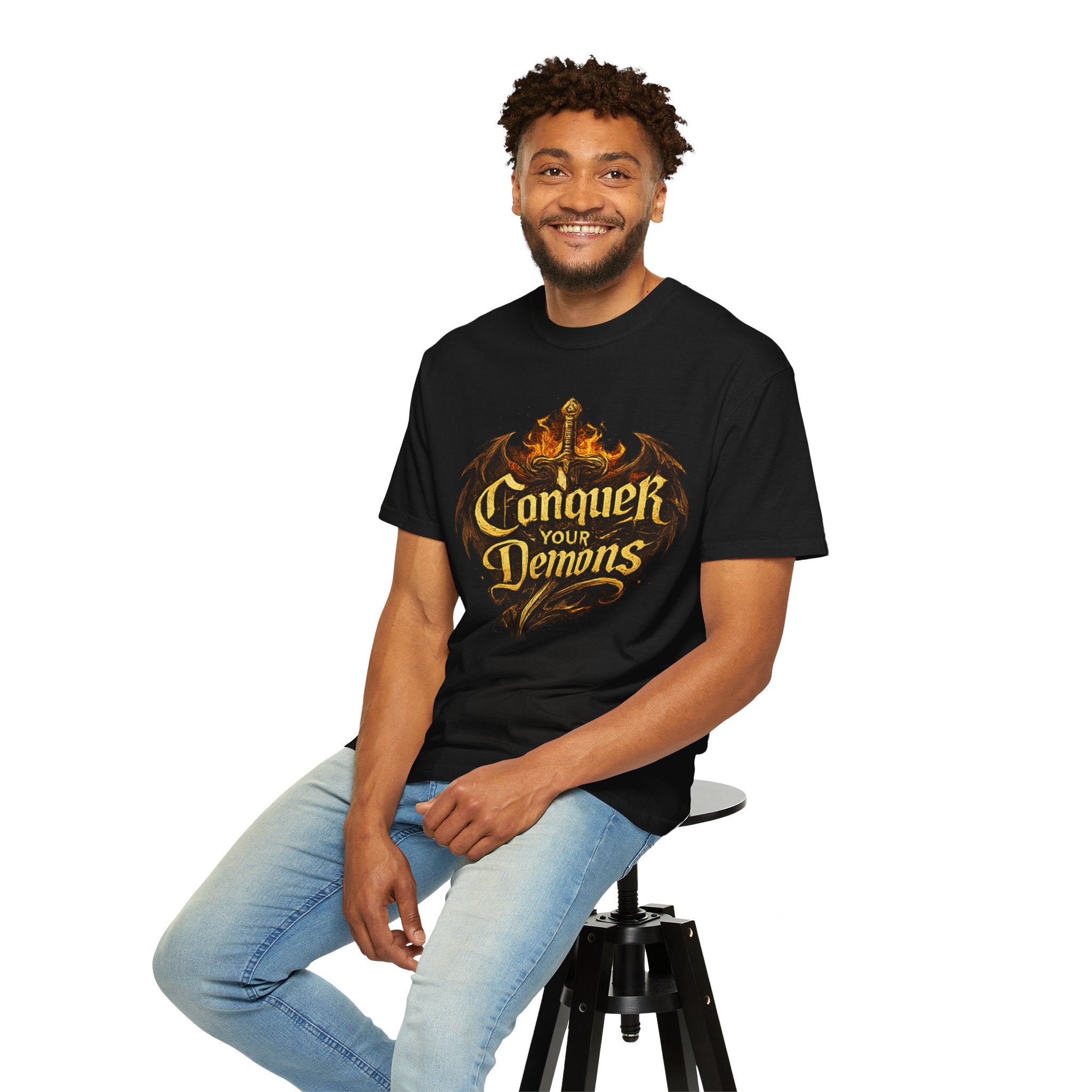 Conquer Your Demons T-Shirt — Gothic Sword & Flames Motivational Tee