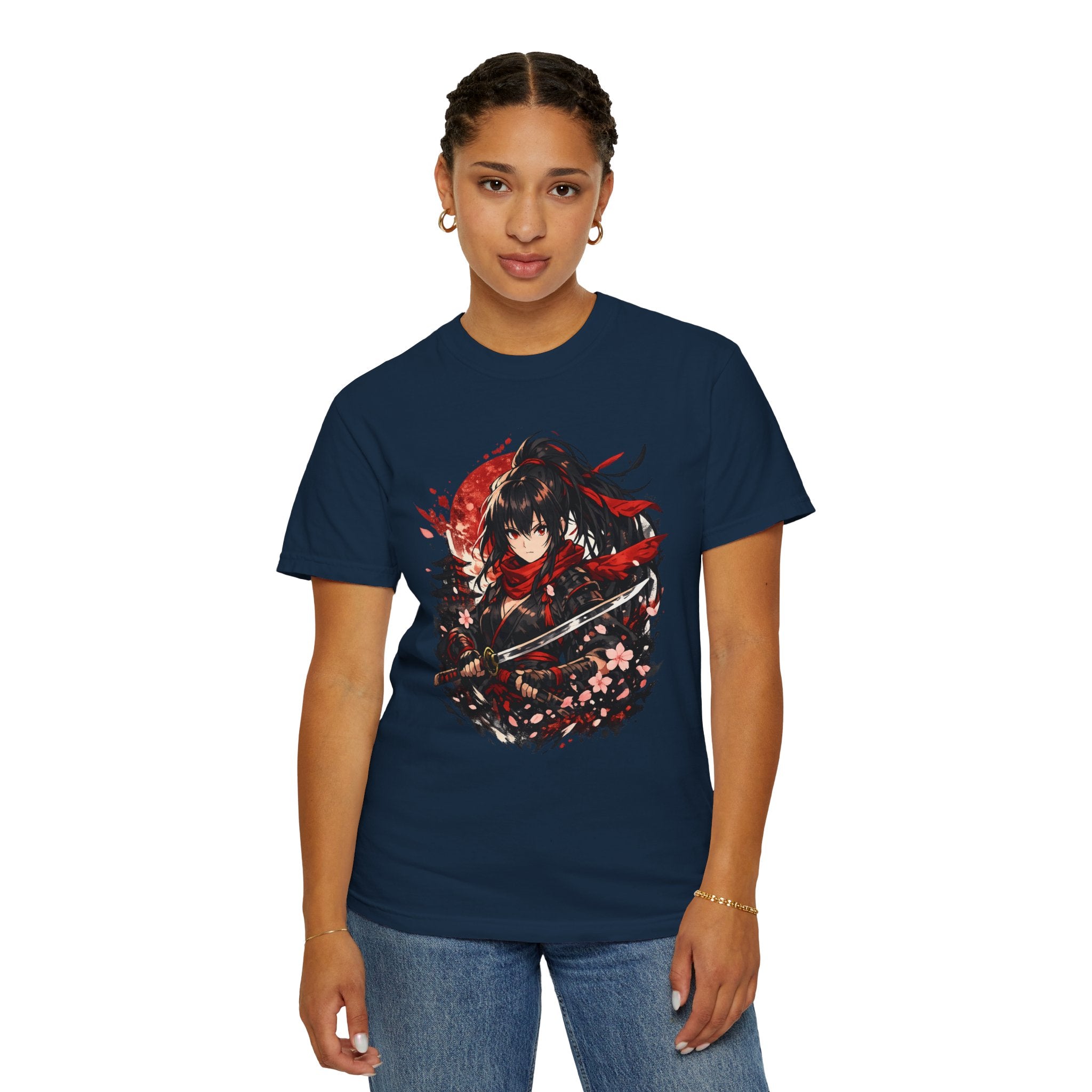 Samurai Anime Girl T-Shirt — Red Moon & Sakura Sword Art Tee