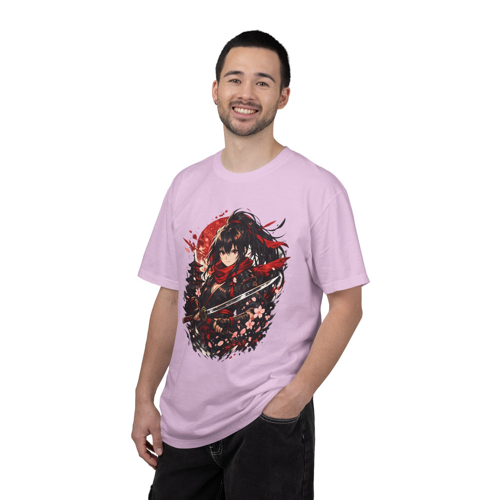 Samurai Anime Girl T-Shirt — Red Moon & Sakura Sword Art Tee