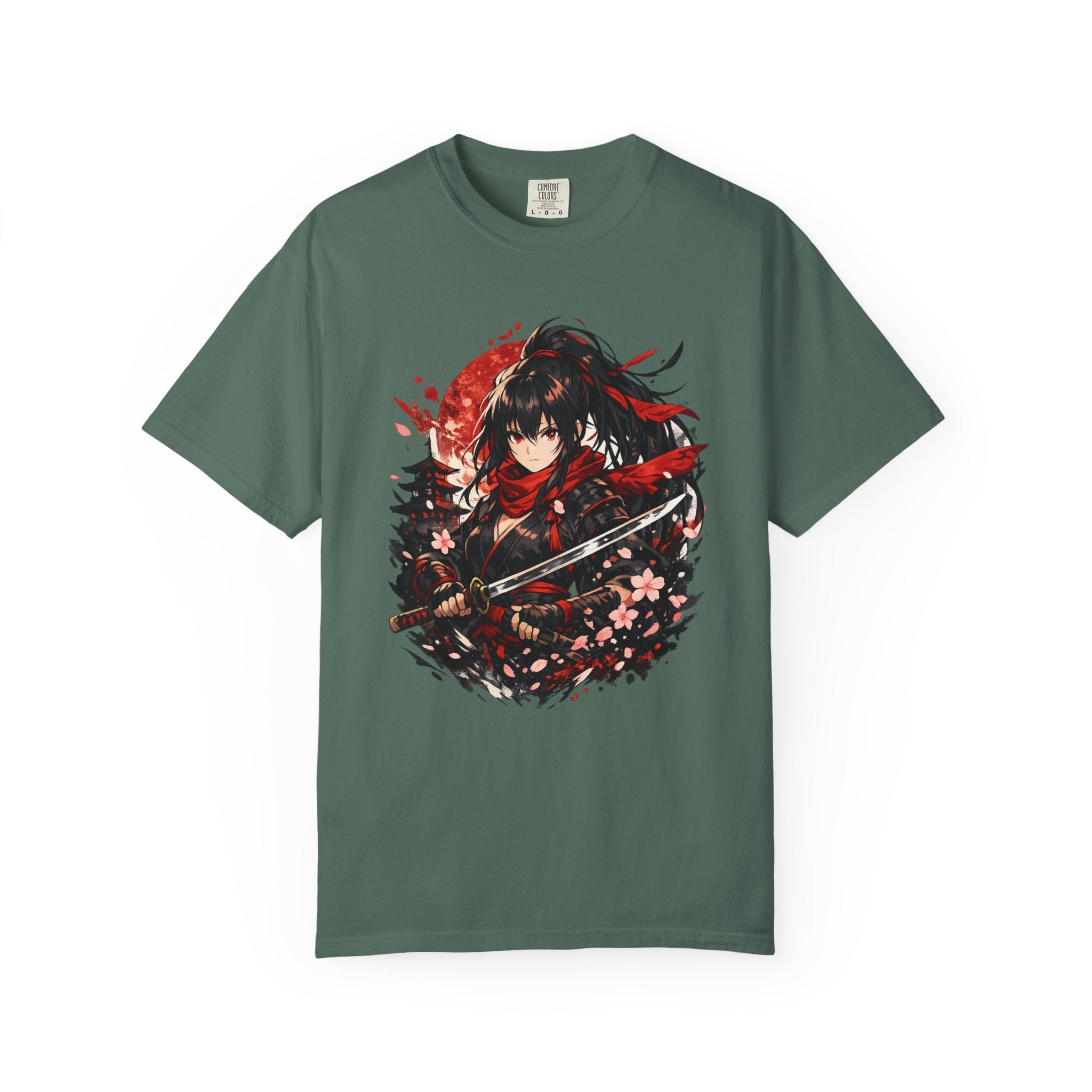 Samurai Anime Girl T-Shirt — Red Moon & Sakura Sword Art Tee