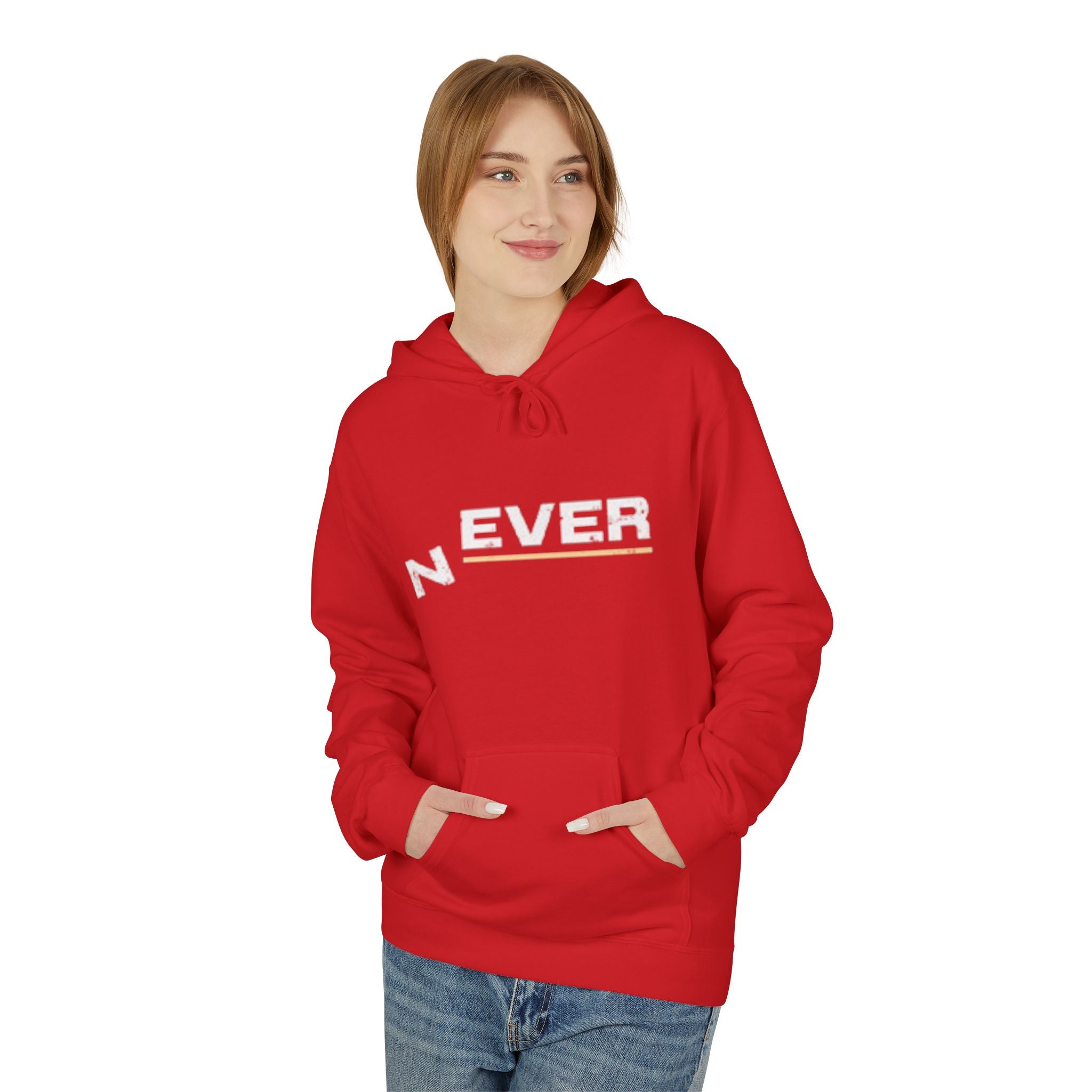 Never Typography Hoodie — Brown Casual Graphic Pullover
