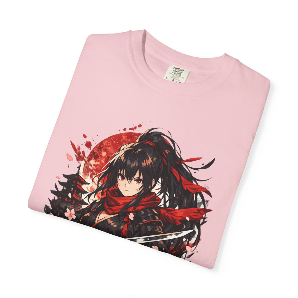 Samurai Anime Girl T-Shirt — Red Moon & Sakura Sword Art Tee