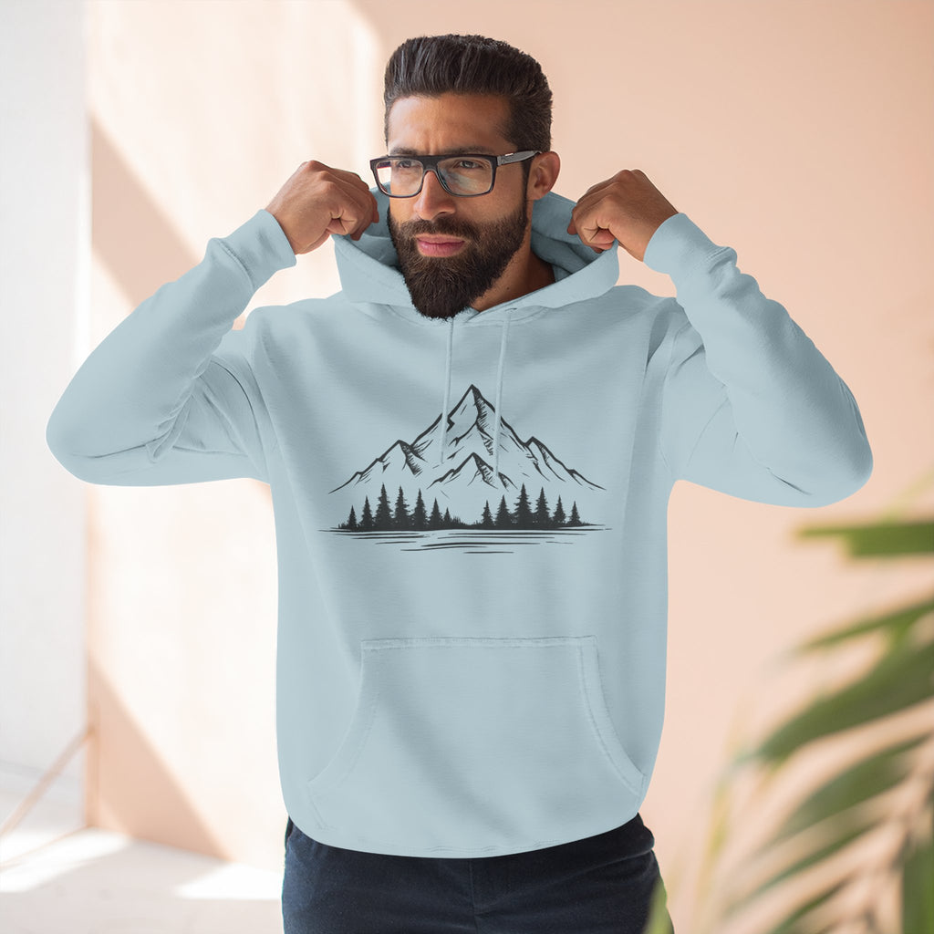 Mountain Pines Hoodie — Minimal Mountain & Forest Graphic Pullover