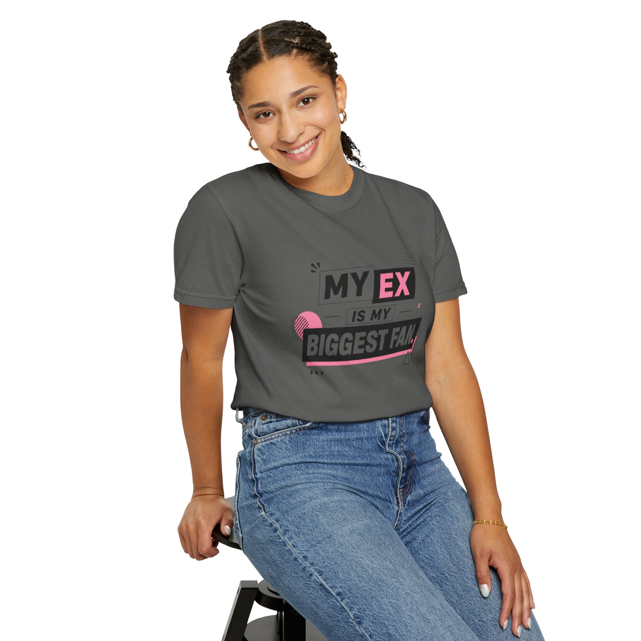 Funny Graphic T-Shirt — "My Ex Is My Biggest Fan" Retro Pink & Black