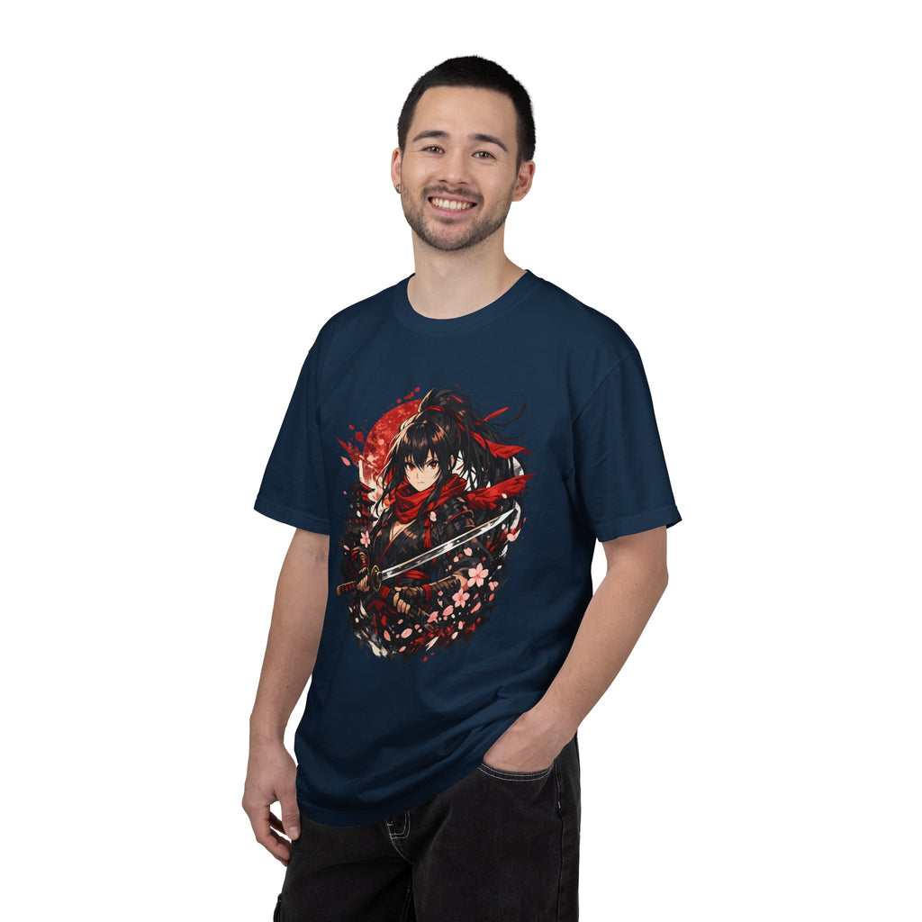 Samurai Anime Girl T-Shirt — Red Moon & Sakura Sword Art Tee