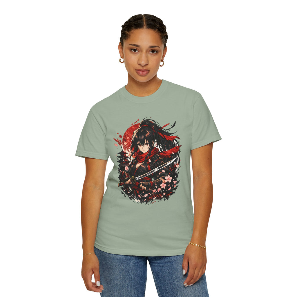 Samurai Anime Girl T-Shirt — Red Moon & Sakura Sword Art Tee