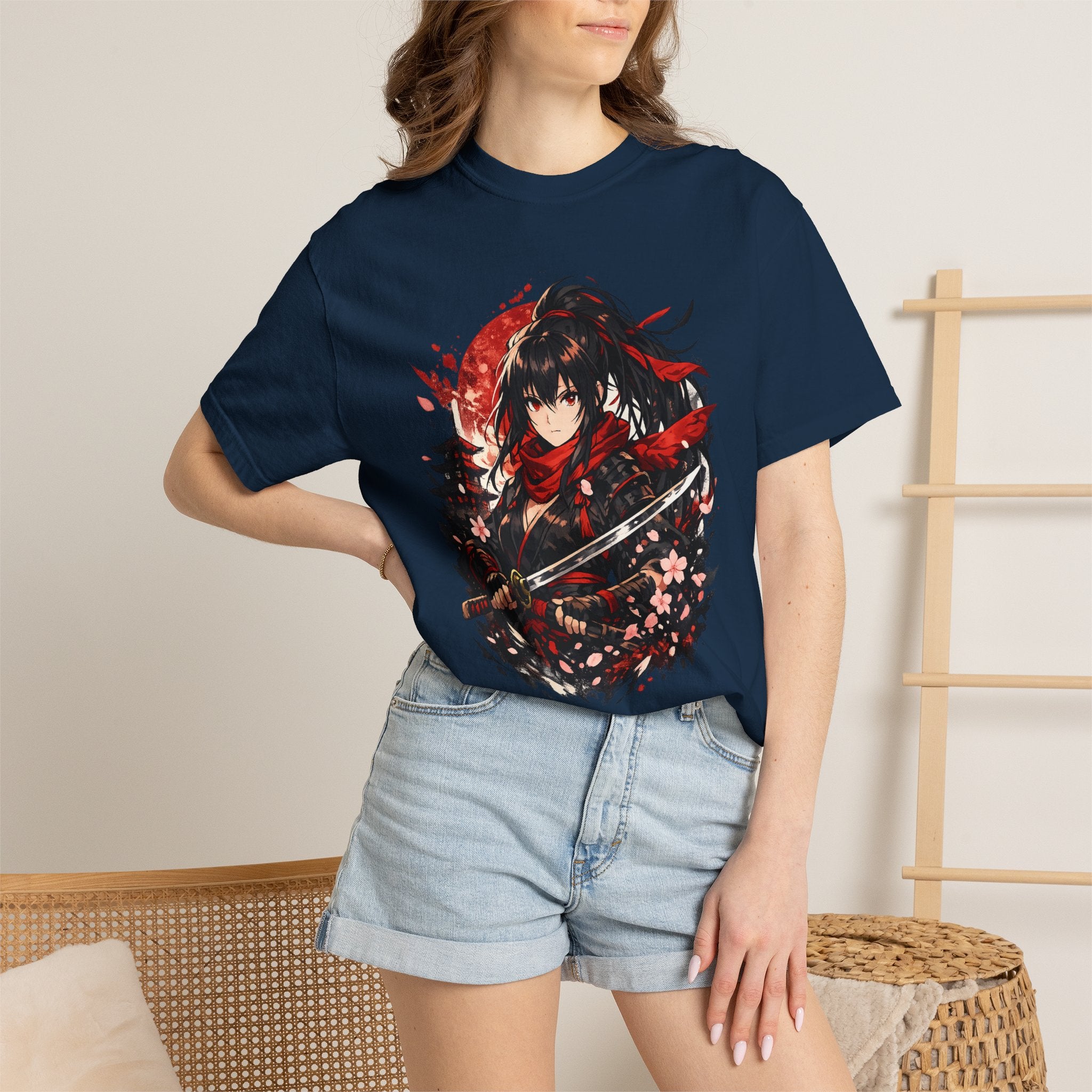 Samurai Anime Girl T-Shirt — Red Moon & Sakura Sword Art Tee