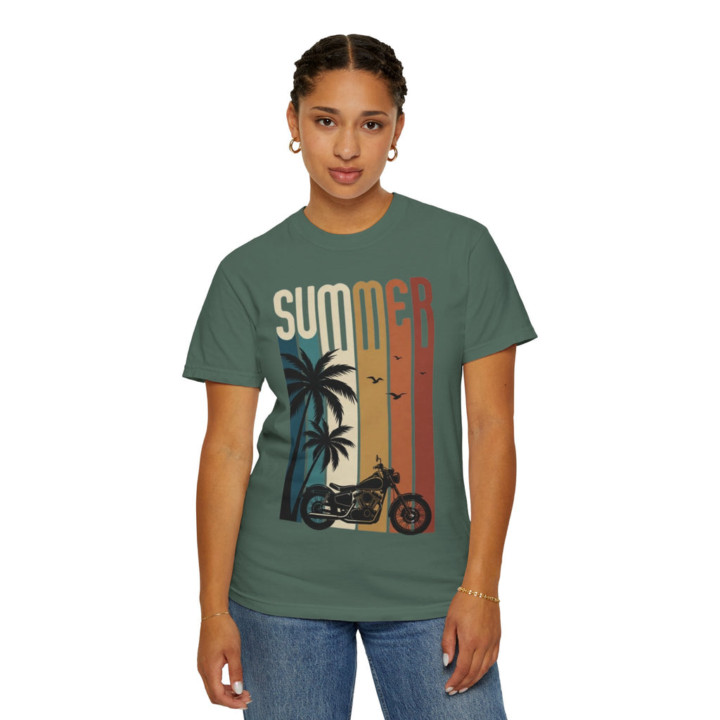 Summer Motorcycle Tee — Retro Palm Tree Beach Graphic T-Shirt