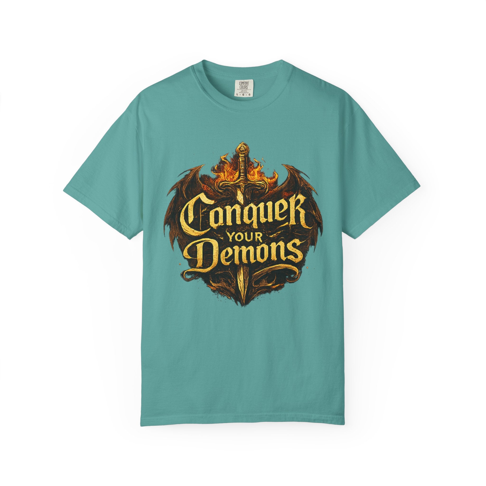 Conquer Your Demons T-Shirt — Gothic Sword & Flames Motivational Tee