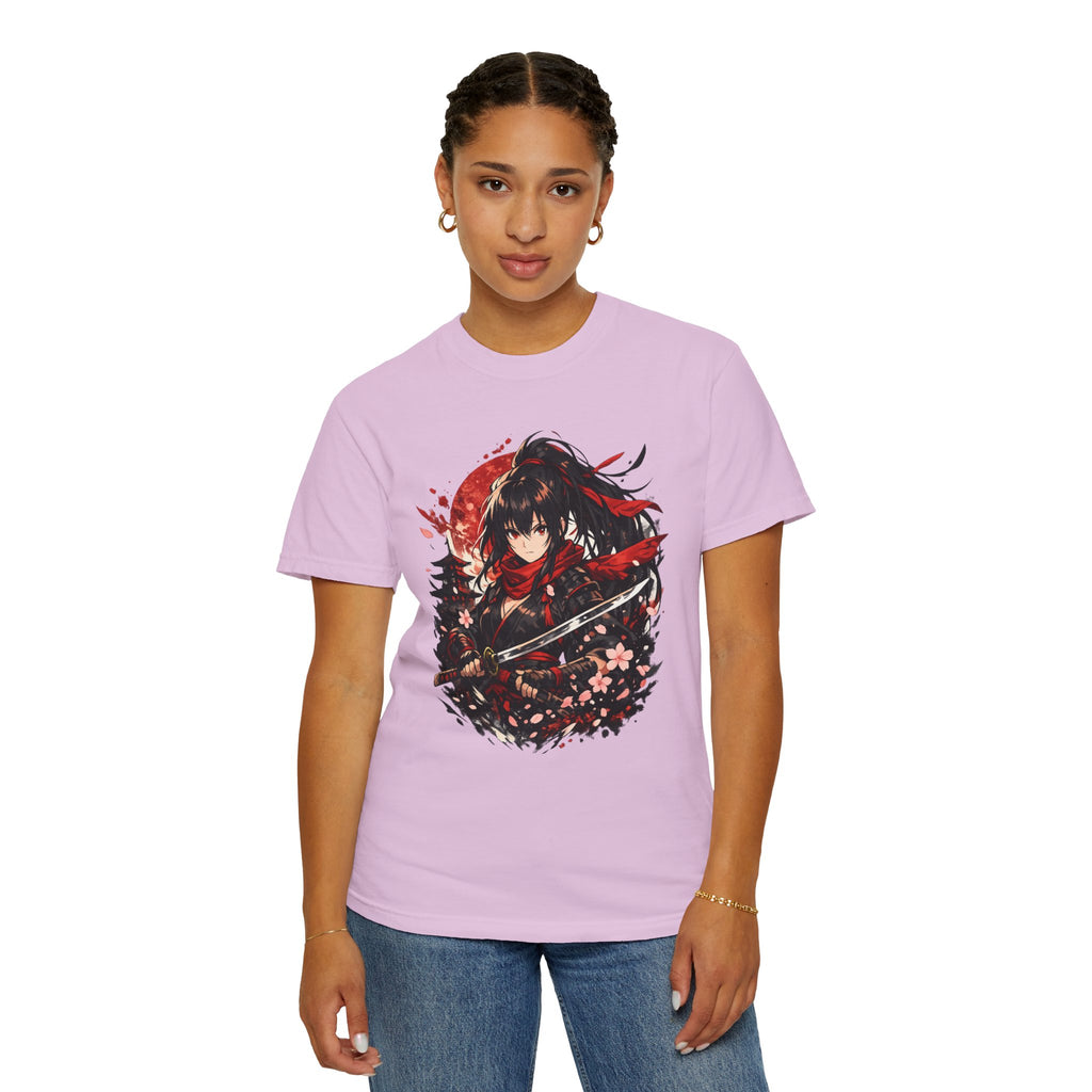 Samurai Anime Girl T-Shirt — Red Moon & Sakura Sword Art Tee