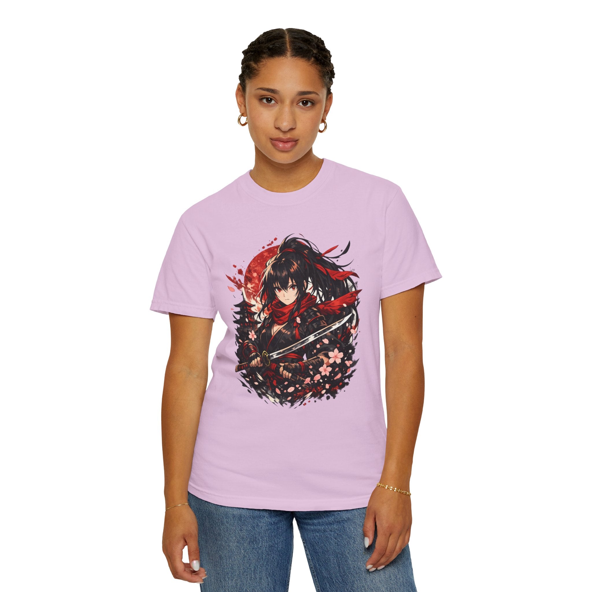 Samurai Anime Girl T-Shirt — Red Moon & Sakura Sword Art Tee