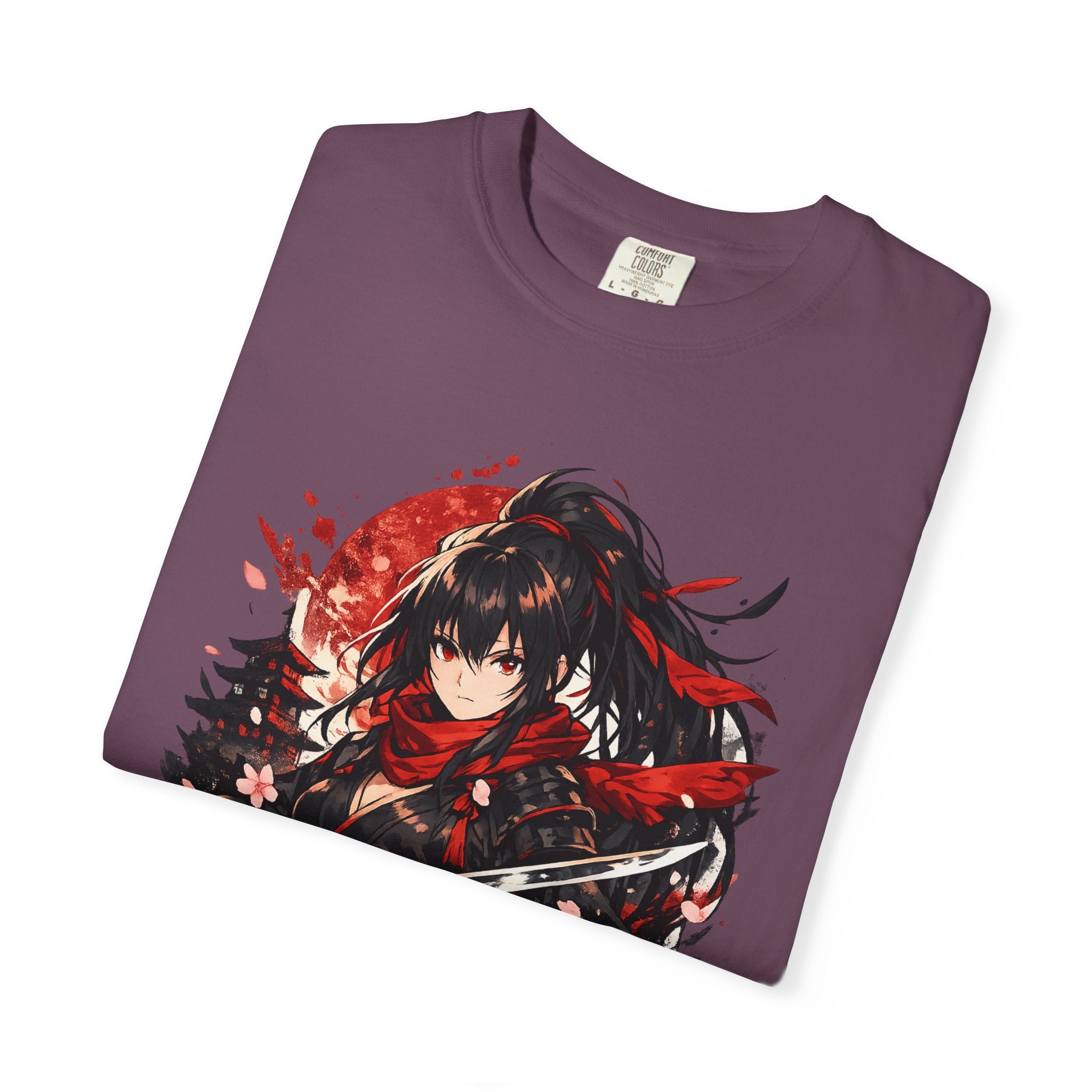 Samurai Anime Girl T-Shirt — Red Moon & Sakura Sword Art Tee