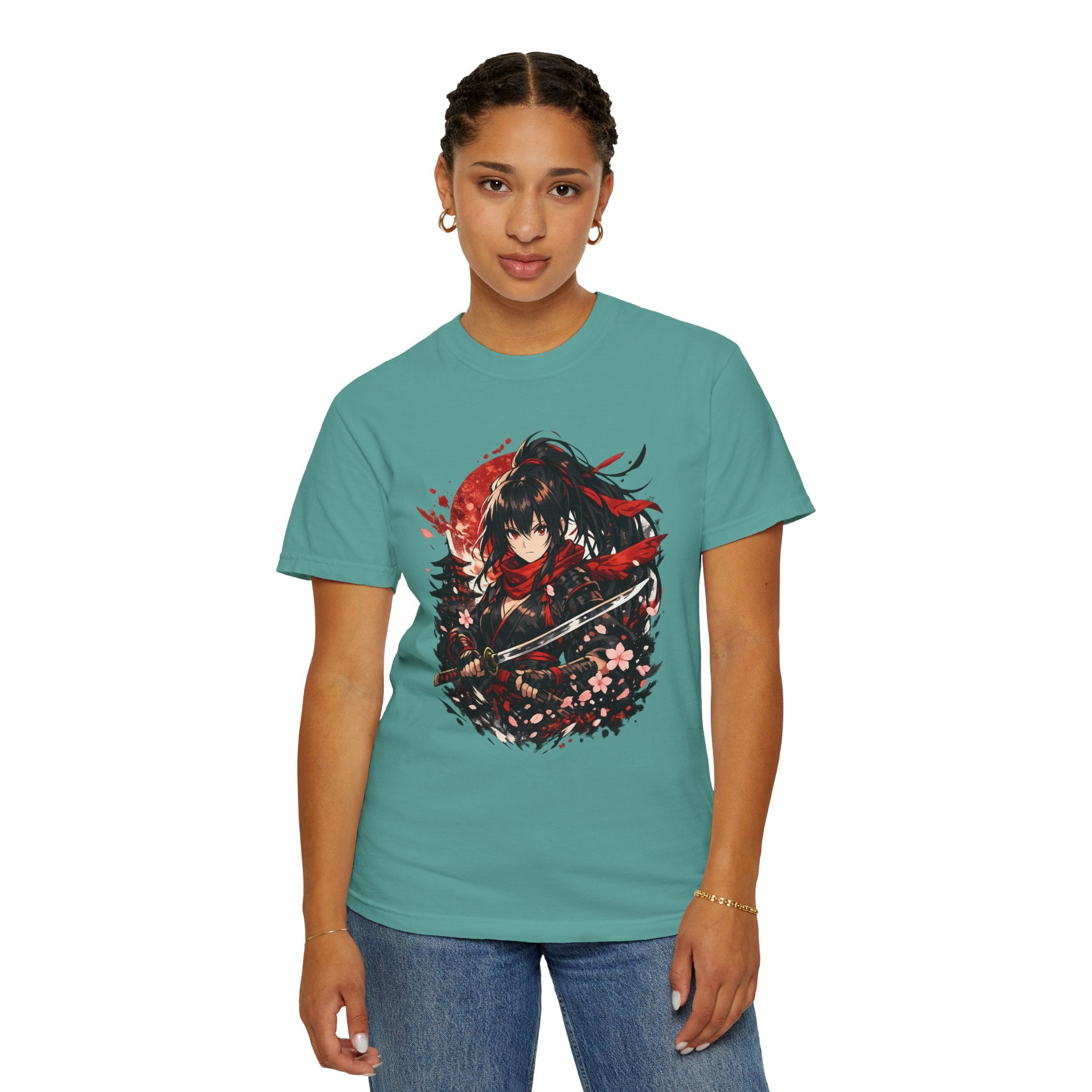 Samurai Anime Girl T-Shirt — Red Moon & Sakura Sword Art Tee