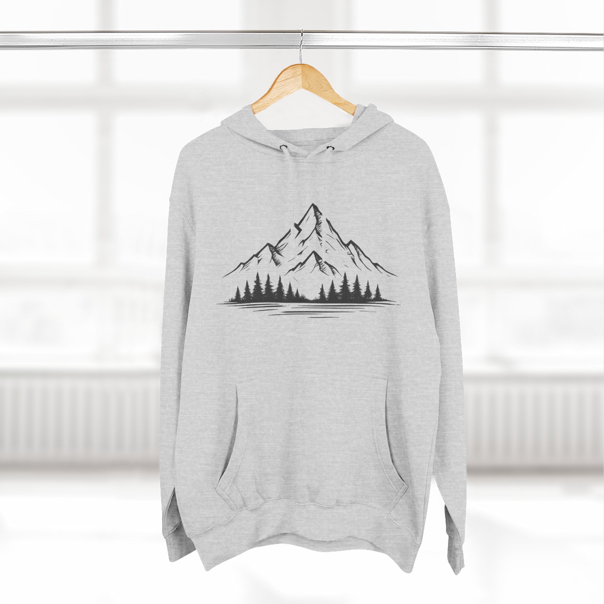 Mountain Pines Hoodie — Minimal Mountain & Forest Graphic Pullover