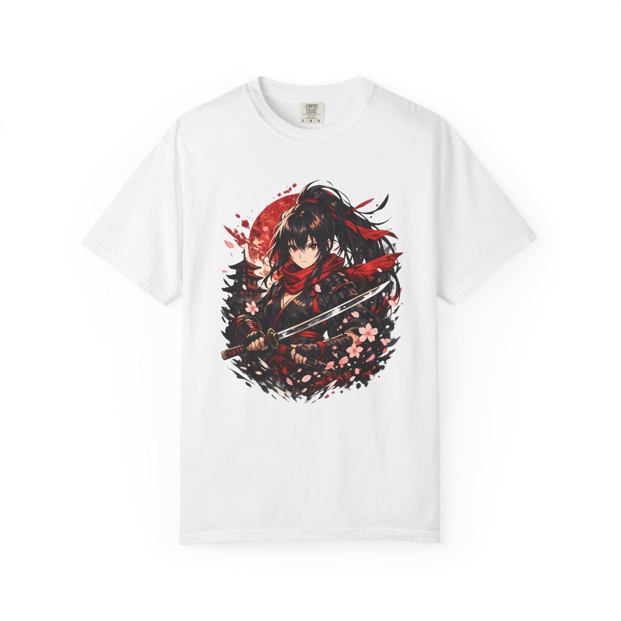 Samurai Anime Girl T-Shirt — Red Moon & Sakura Sword Art Tee