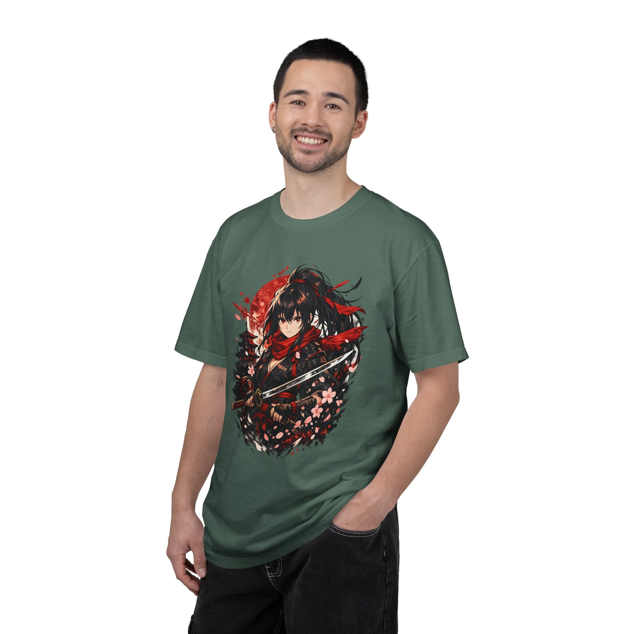Samurai Anime Girl T-Shirt — Red Moon & Sakura Sword Art Tee