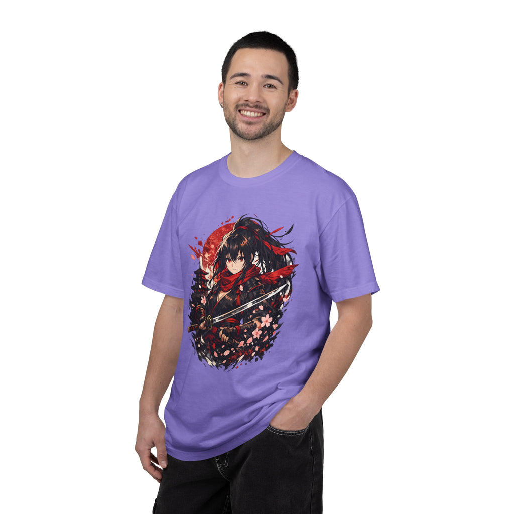Samurai Anime Girl T-Shirt — Red Moon & Sakura Sword Art Tee