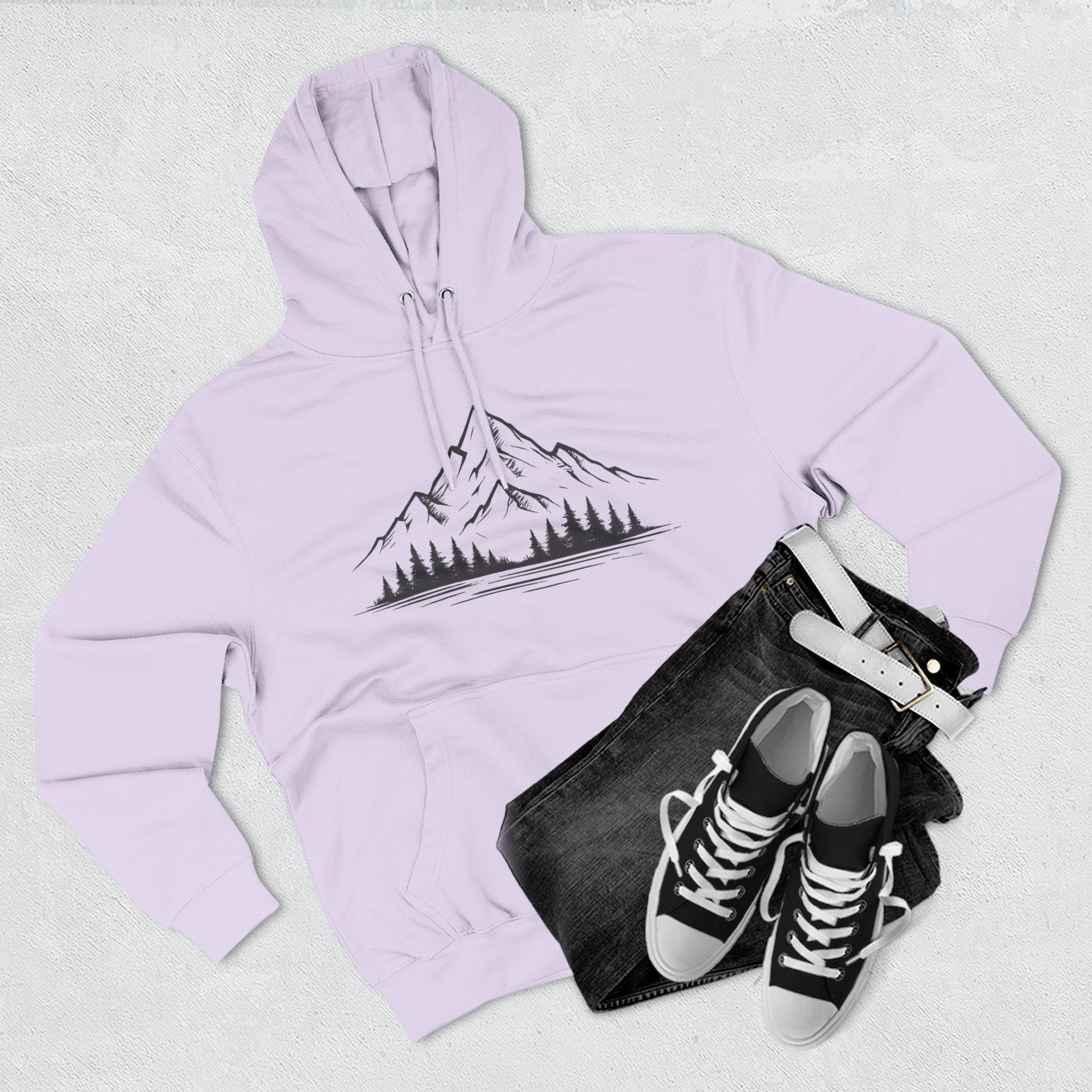 Mountain Pines Hoodie — Minimal Mountain & Forest Graphic Pullover