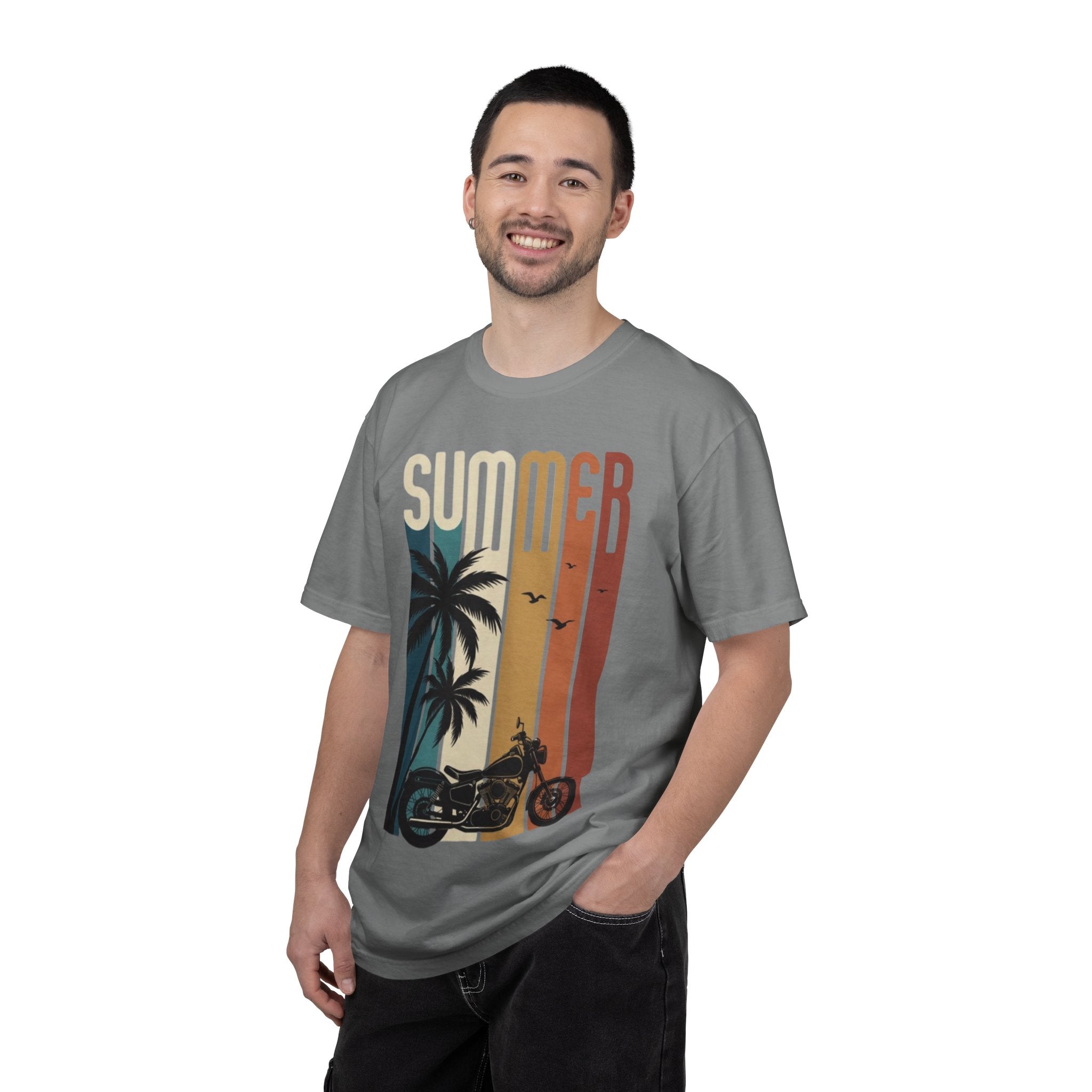 Summer Motorcycle Tee — Retro Palm Tree Beach Graphic T-Shirt