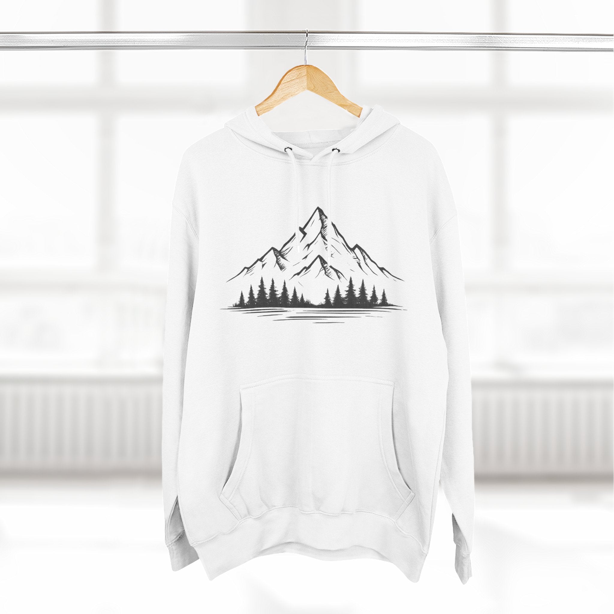 Mountain Pines Hoodie — Minimal Mountain & Forest Graphic Pullover