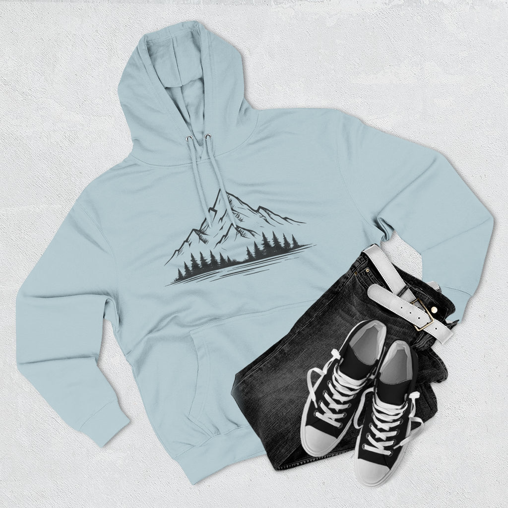 Mountain Pines Hoodie — Minimal Mountain & Forest Graphic Pullover