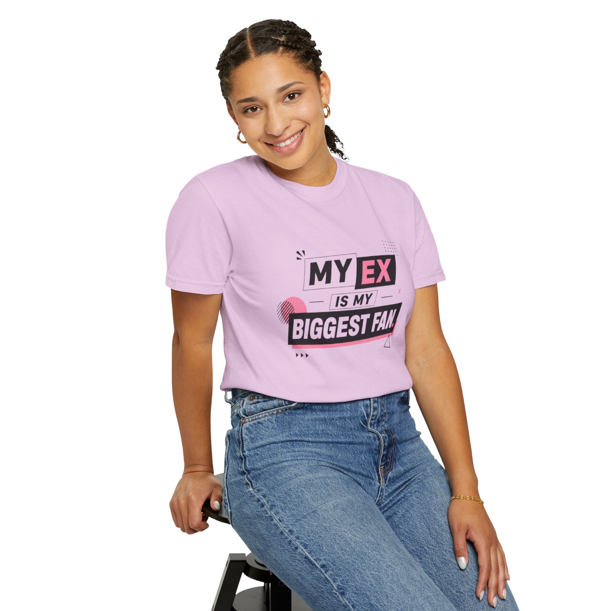 Funny Graphic T-Shirt — "My Ex Is My Biggest Fan" Retro Pink & Black