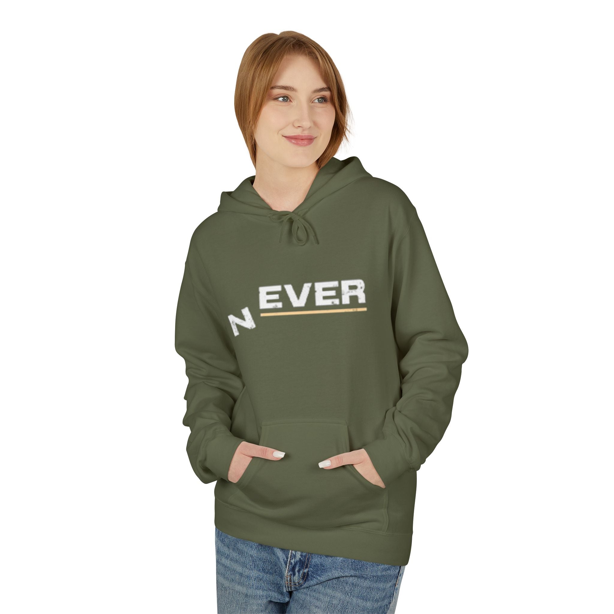 Never Typography Hoodie — Brown Casual Graphic Pullover