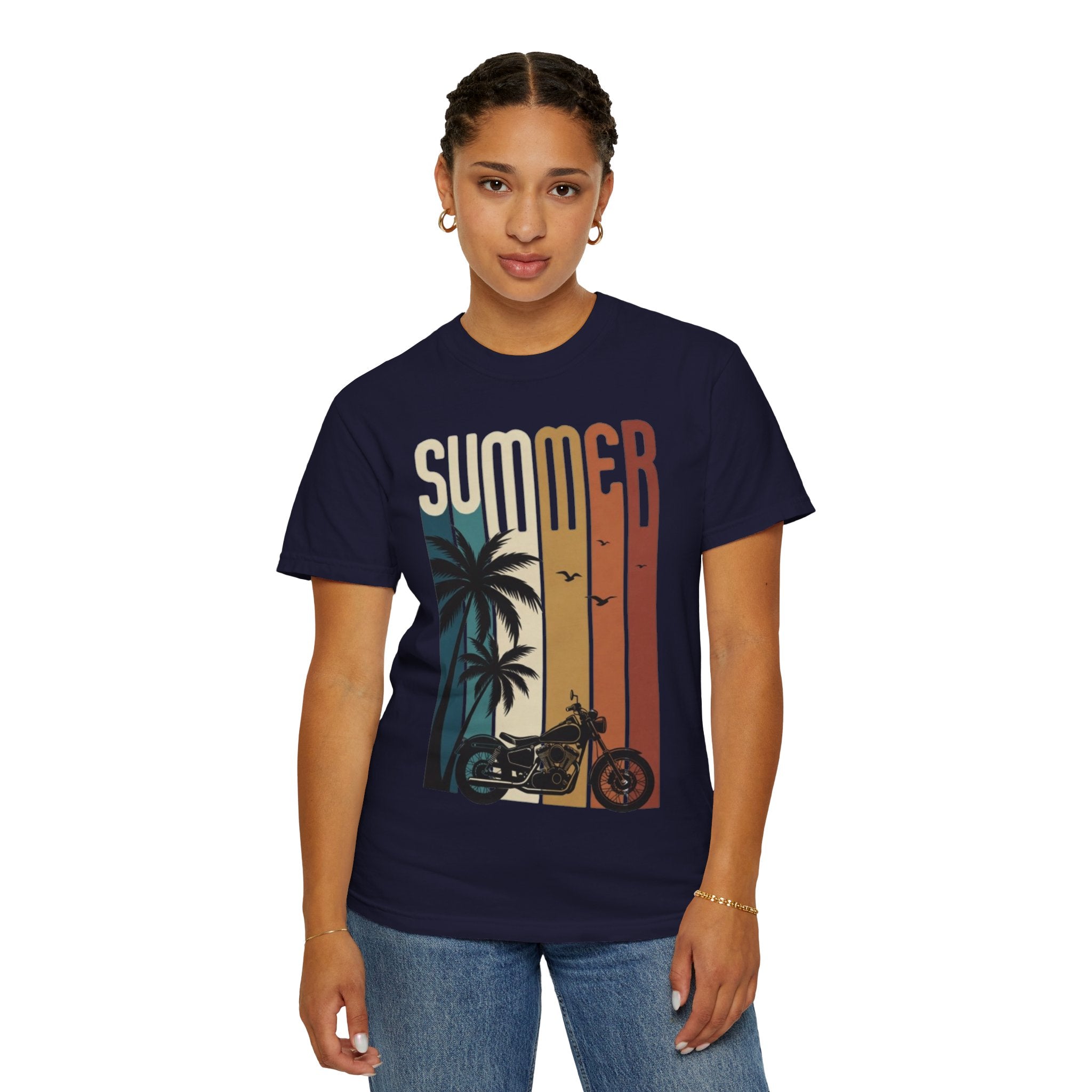 Summer Motorcycle Tee — Retro Palm Tree Beach Graphic T-Shirt