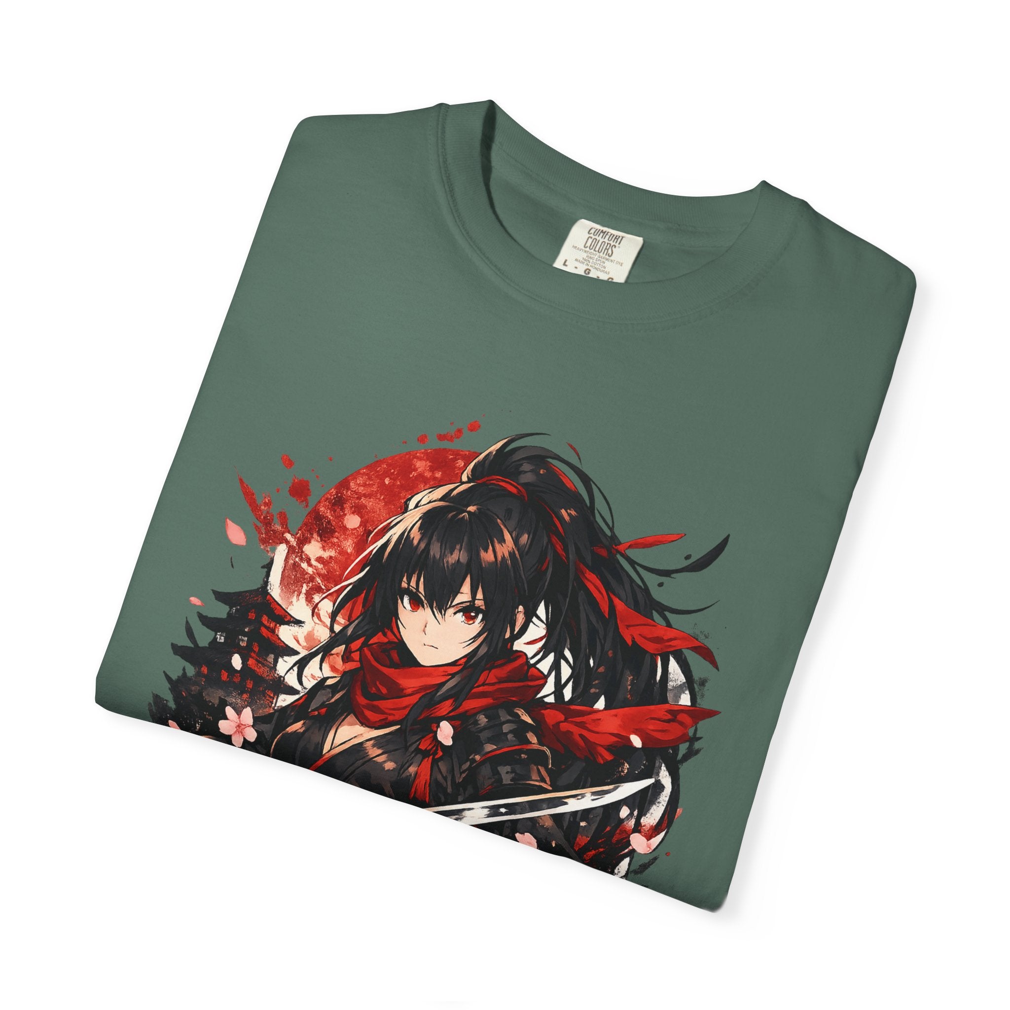 Samurai Anime Girl T-Shirt — Red Moon & Sakura Sword Art Tee