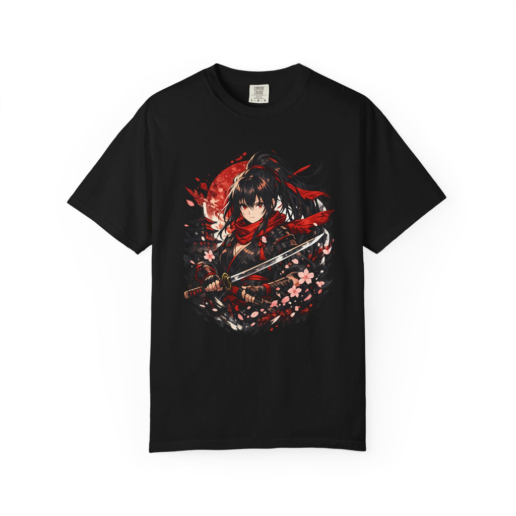 Samurai Anime Girl T-Shirt — Red Moon & Sakura Sword Art Tee